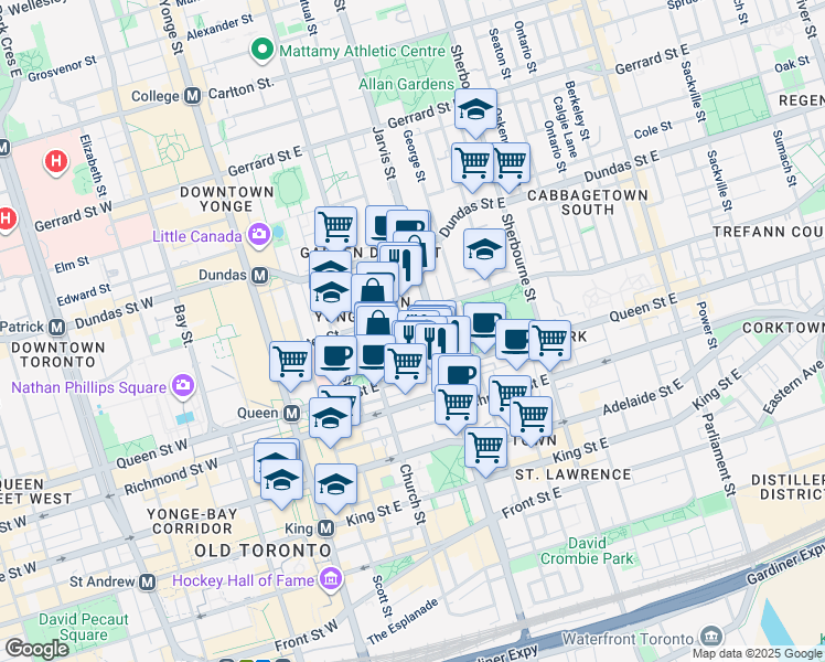 map of restaurants, bars, coffee shops, grocery stores, and more near 41 Mutual Street in Toronto
