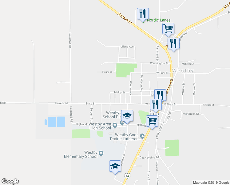 map of restaurants, bars, coffee shops, grocery stores, and more near 503 Melby Street in Westby