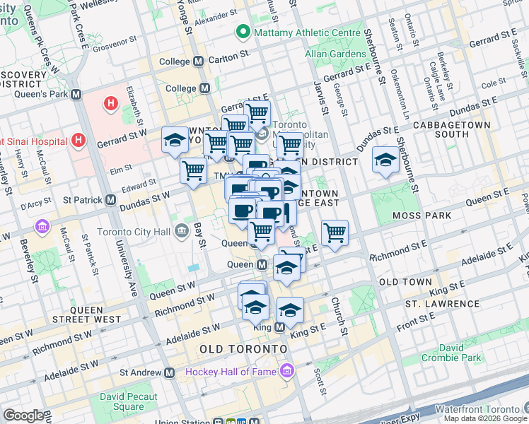 map of restaurants, bars, coffee shops, grocery stores, and more near 210 Victoria Street in Toronto