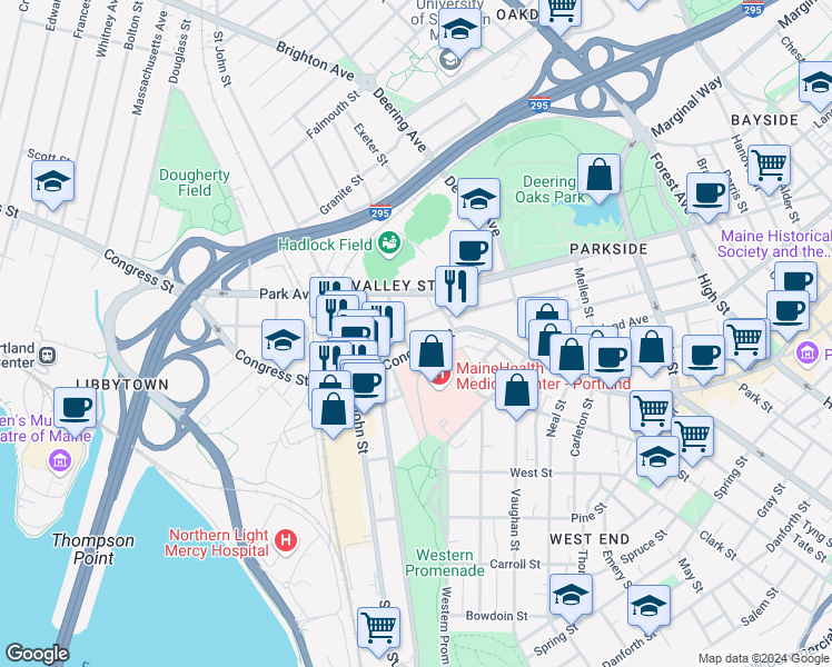 map of restaurants, bars, coffee shops, grocery stores, and more near 887 Congress Street in Portland