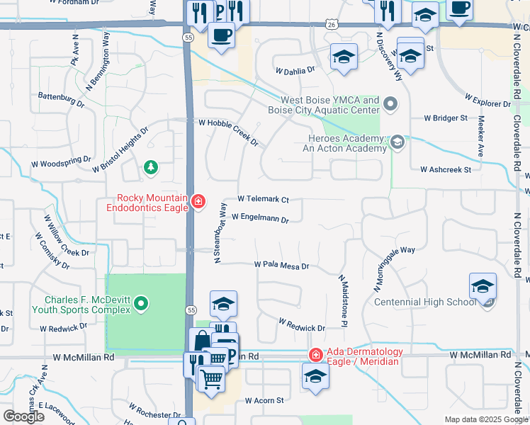 map of restaurants, bars, coffee shops, grocery stores, and more near 13374 West Engelmann Drive in Boise