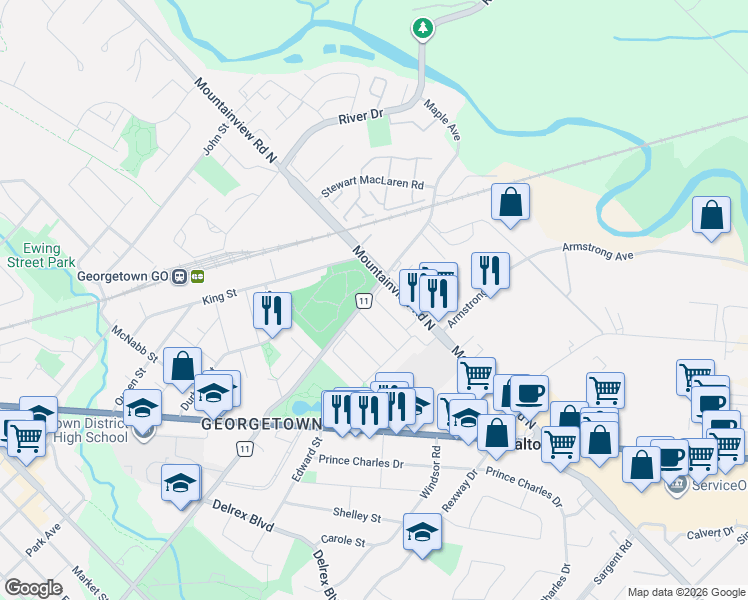 map of restaurants, bars, coffee shops, grocery stores, and more near 59 Seed House Lane in Halton Hills
