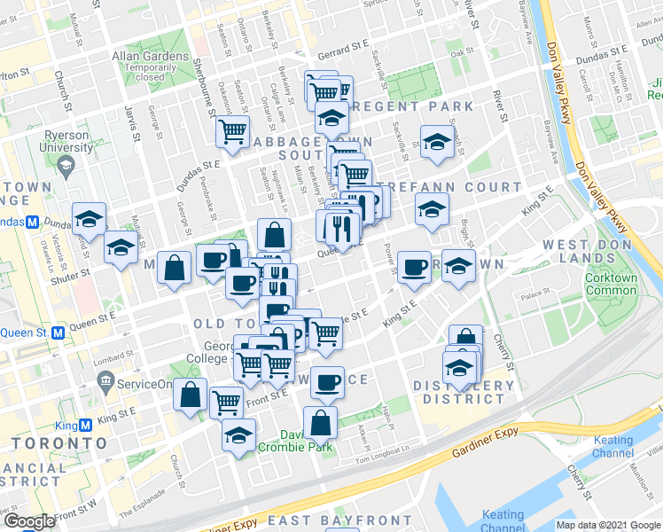 map of restaurants, bars, coffee shops, grocery stores, and more near 132 Berkeley Street in Toronto