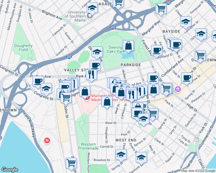 map of restaurants, bars, coffee shops, grocery stores, and more near 22 Deering Avenue in Portland