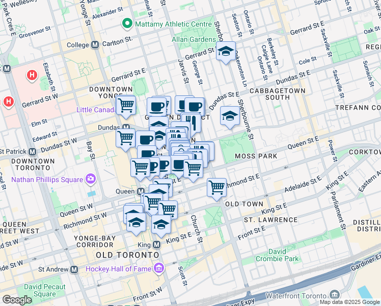 map of restaurants, bars, coffee shops, grocery stores, and more near 30 Mutual Street in Toronto