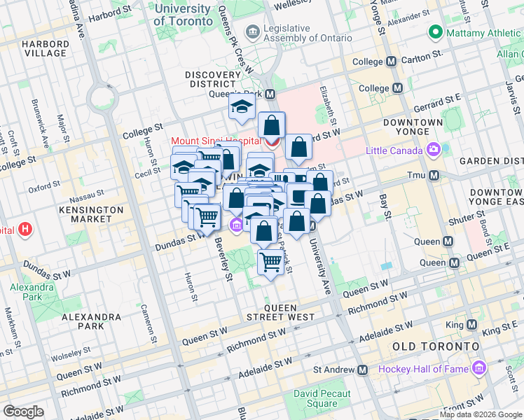 map of restaurants, bars, coffee shops, grocery stores, and more near 280 Dundas Street West in Toronto
