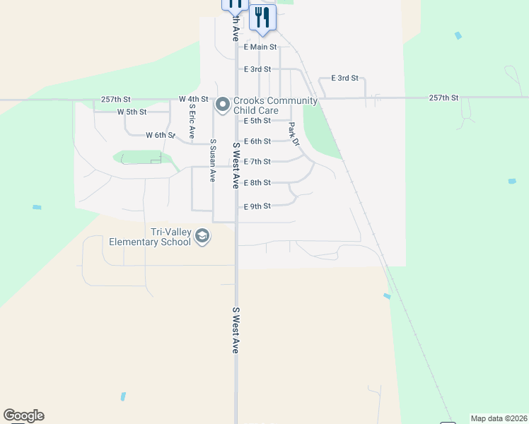 map of restaurants, bars, coffee shops, grocery stores, and more near 101-399 E 9th St in Crooks