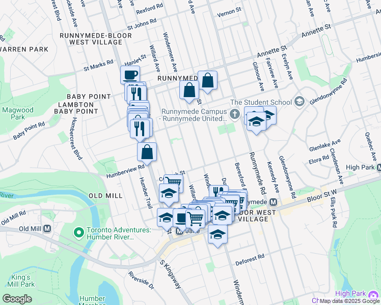 map of restaurants, bars, coffee shops, grocery stores, and more near 383 Willard Avenue in Toronto