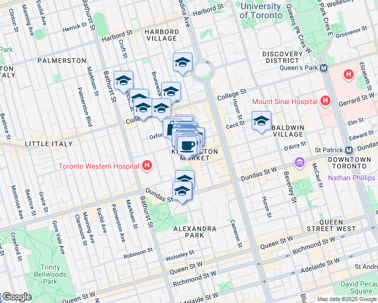 map of restaurants, bars, coffee shops, grocery stores, and more near 241 Augusta Avenue in Toronto