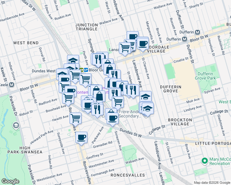 map of restaurants, bars, coffee shops, grocery stores, and more near 158 Sterling Road in Toronto