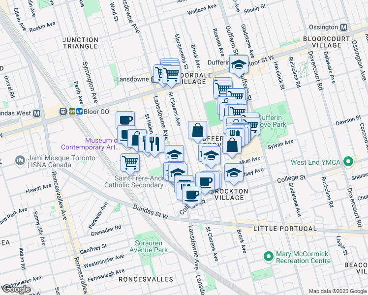 map of restaurants, bars, coffee shops, grocery stores, and more near 292 Saint Clarens Avenue in Toronto