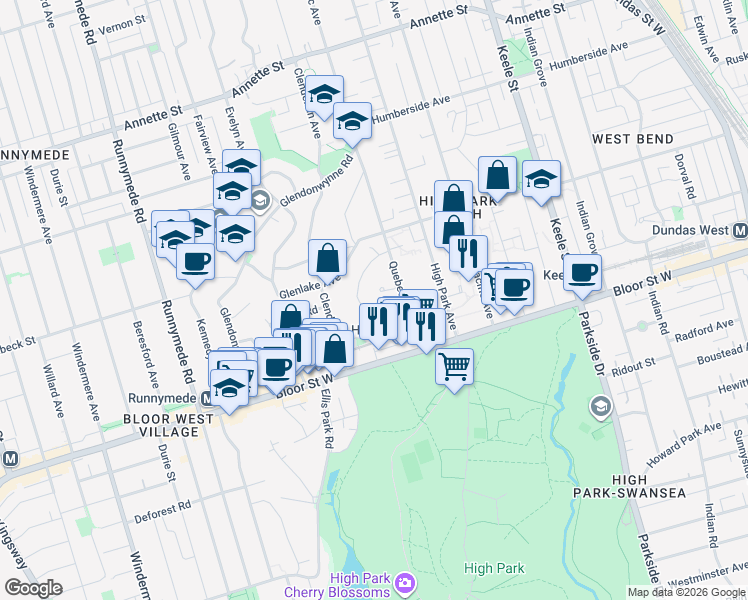 map of restaurants, bars, coffee shops, grocery stores, and more near 80 Quebec Avenue in Toronto