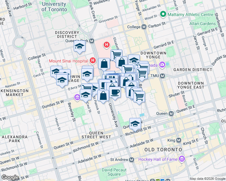 map of restaurants, bars, coffee shops, grocery stores, and more near 209 Dundas Street West in Toronto