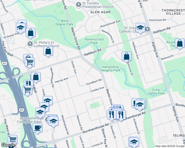 map of restaurants, bars, coffee shops, grocery stores, and more near 15 Agar Crescent in Toronto