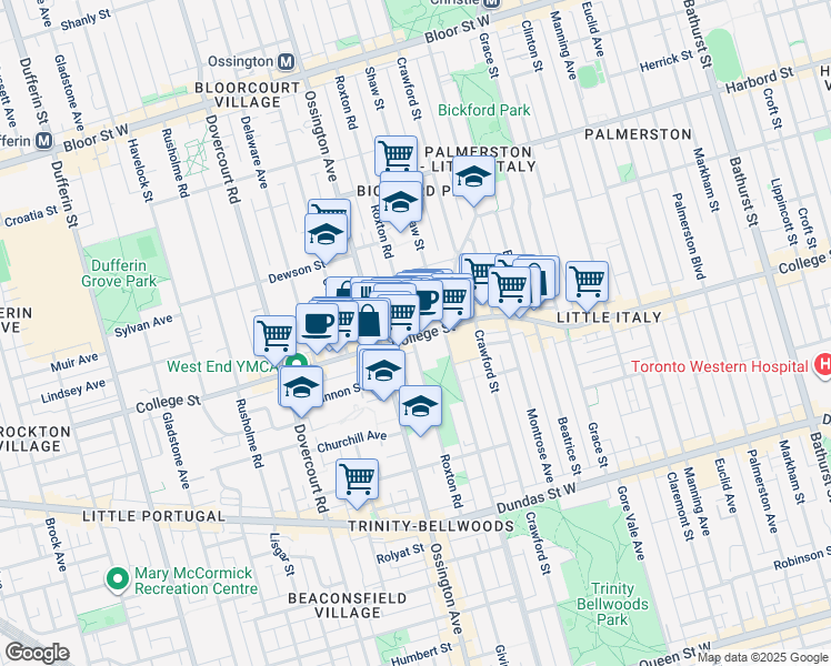 map of restaurants, bars, coffee shops, grocery stores, and more near 794 College Street in Toronto