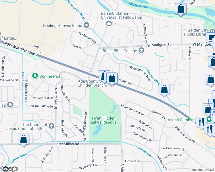 map of restaurants, bars, coffee shops, grocery stores, and more near 9165 West Chinden Boulevard in Garden City