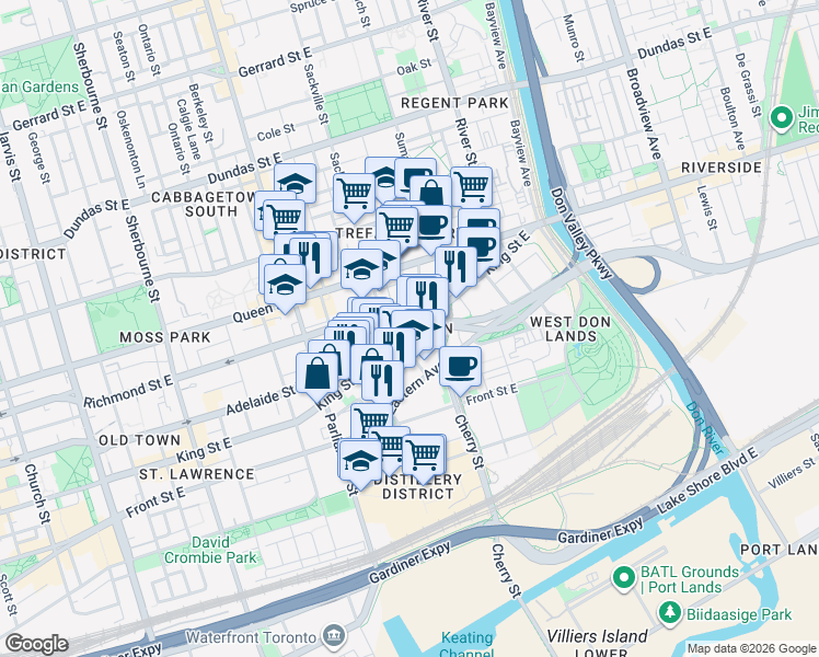 map of restaurants, bars, coffee shops, grocery stores, and more near in Toronto