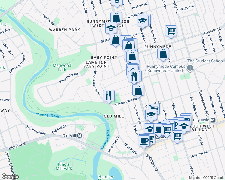 map of restaurants, bars, coffee shops, grocery stores, and more near 64 Harshaw Avenue in Toronto