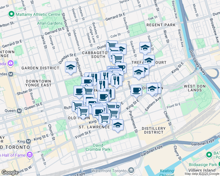 map of restaurants, bars, coffee shops, grocery stores, and more near 132 Berkeley Street in Toronto