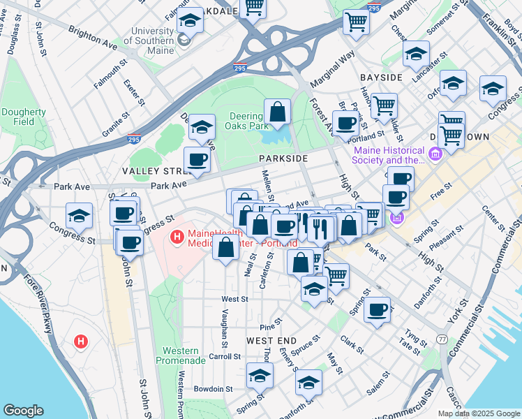 map of restaurants, bars, coffee shops, grocery stores, and more near 535 Cumberland Avenue in Portland