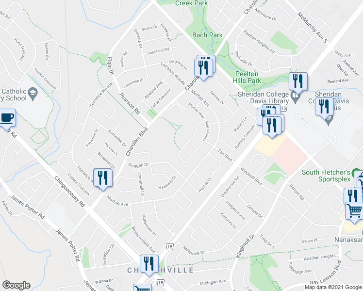 map of restaurants, bars, coffee shops, grocery stores, and more near 144 Morton Way in Brampton