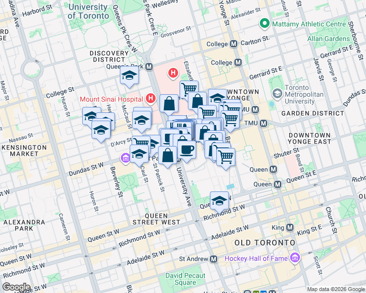 map of restaurants, bars, coffee shops, grocery stores, and more near 209 Dundas Street West in Toronto