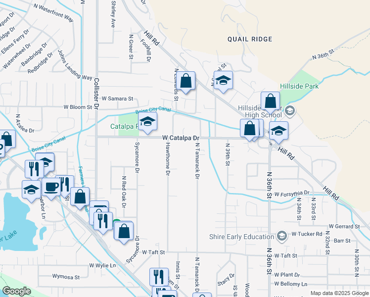 map of restaurants, bars, coffee shops, grocery stores, and more near 3813 North Tamarack Drive in Boise