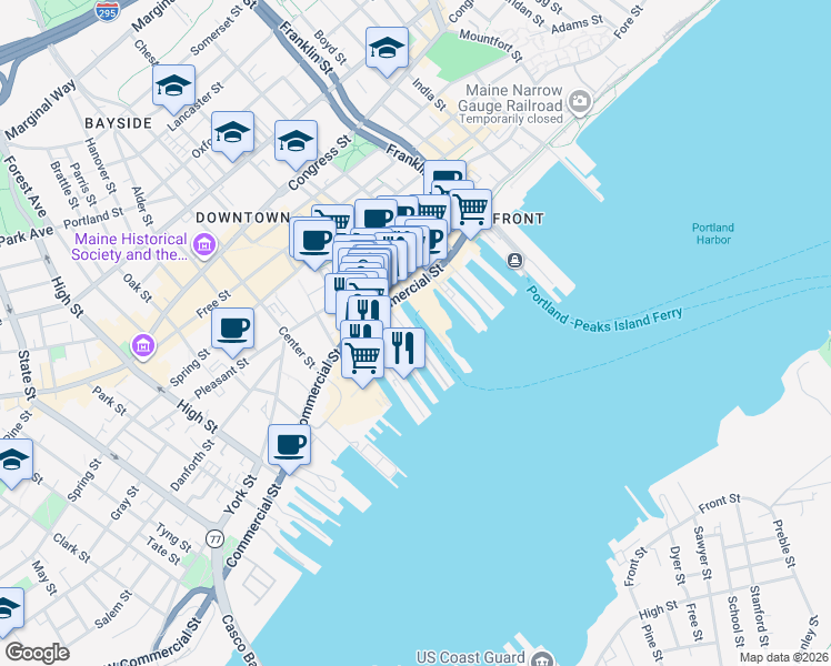map of restaurants, bars, coffee shops, grocery stores, and more near 184 Commercial Street in Portland