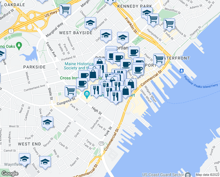 map of restaurants, bars, coffee shops, grocery stores, and more near 14 South Street in Portland