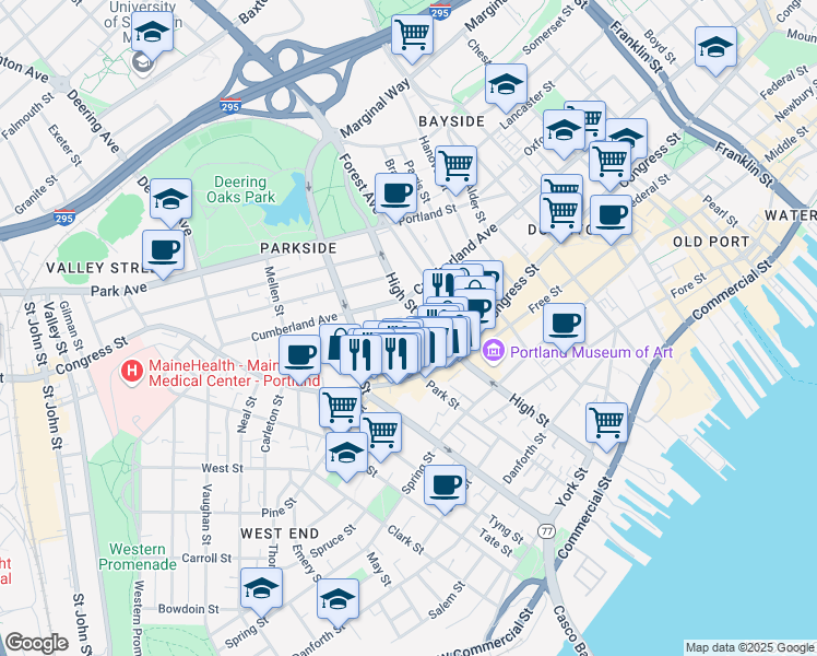 map of restaurants, bars, coffee shops, grocery stores, and more near 21 Deering Street in Portland