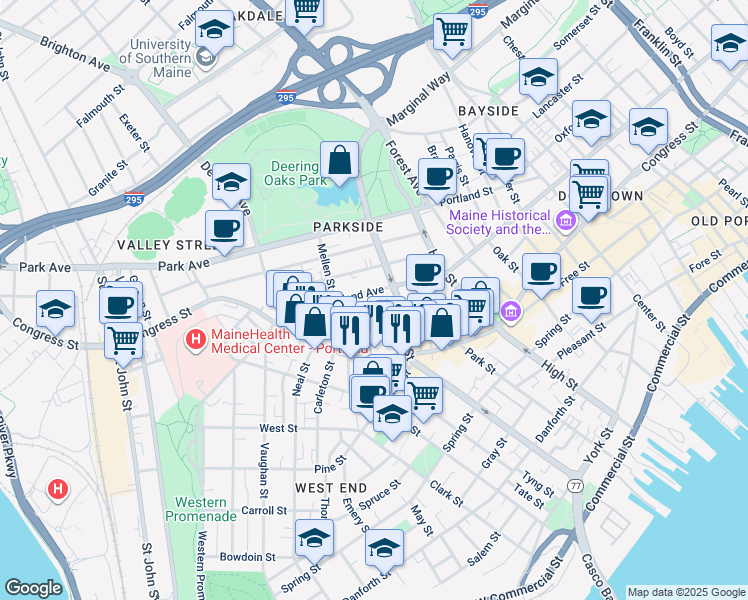 map of restaurants, bars, coffee shops, grocery stores, and more near 57 Deering Street in Portland