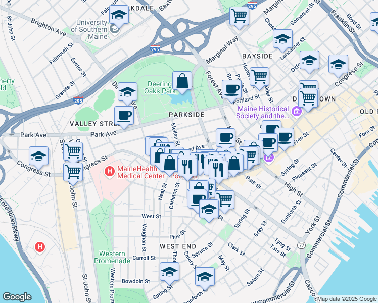 map of restaurants, bars, coffee shops, grocery stores, and more near 57 Deering Street in Portland