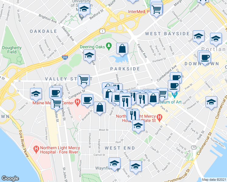 map of restaurants, bars, coffee shops, grocery stores, and more near 42 Mellen Street in Portland