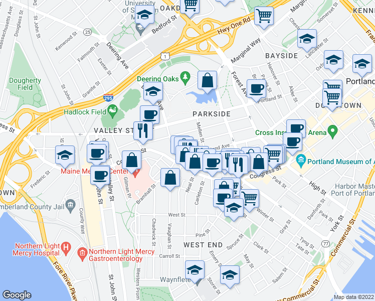 map of restaurants, bars, coffee shops, grocery stores, and more near 563 Cumberland Avenue in Portland