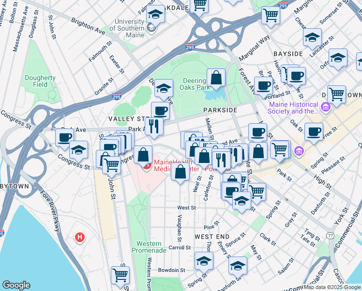 map of restaurants, bars, coffee shops, grocery stores, and more near 819 Congress Street in Portland
