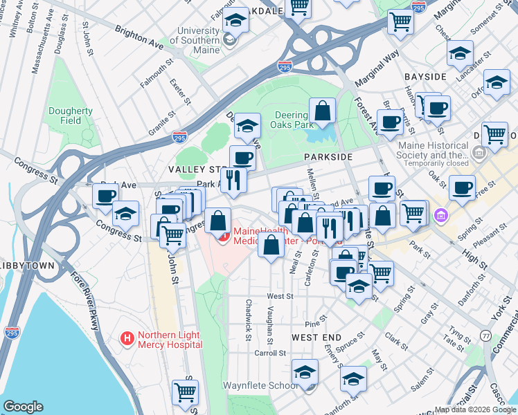 map of restaurants, bars, coffee shops, grocery stores, and more near 819 Congress Street in Portland