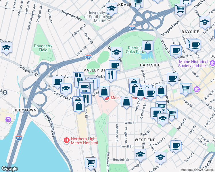 map of restaurants, bars, coffee shops, grocery stores, and more near 887 Congress Street in Portland