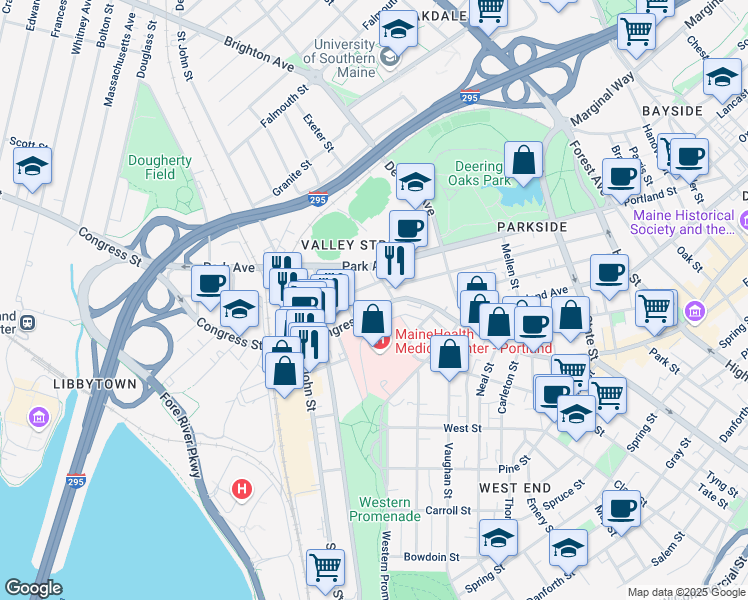 map of restaurants, bars, coffee shops, grocery stores, and more near 887 Congress Street in Portland
