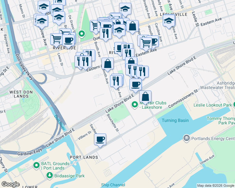 map of restaurants, bars, coffee shops, grocery stores, and more near 22 Logan Avenue in Toronto