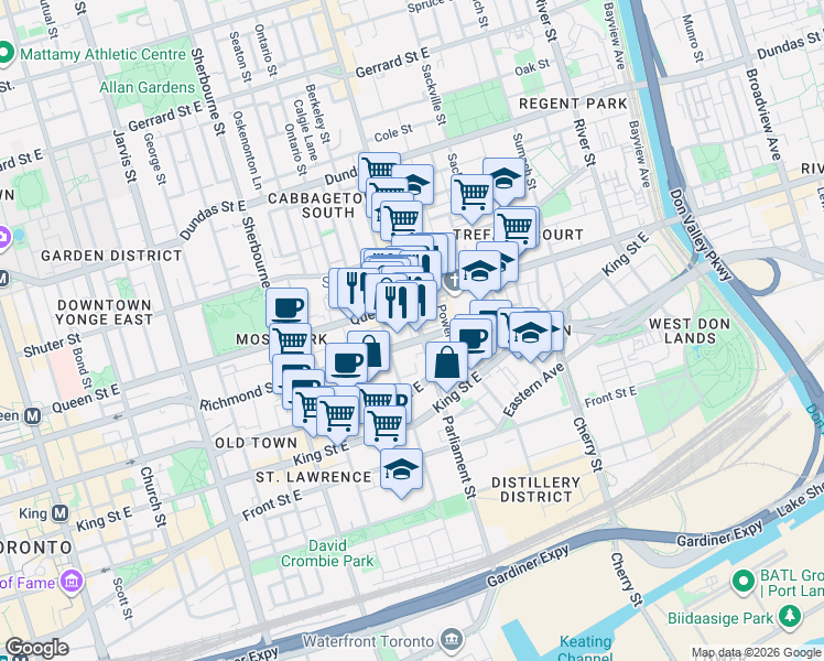 map of restaurants, bars, coffee shops, grocery stores, and more near in Toronto