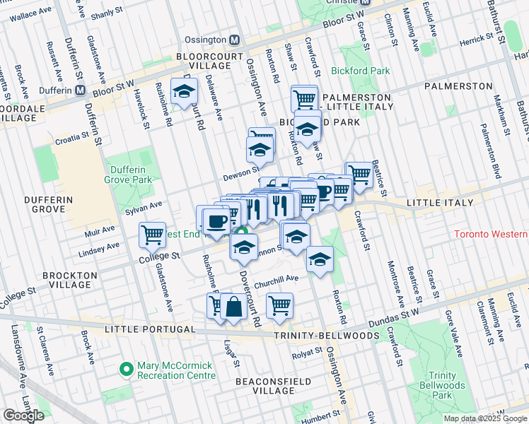 map of restaurants, bars, coffee shops, grocery stores, and more near 11 A Delaware Avenue in Toronto
