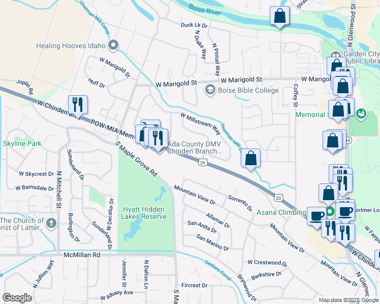 map of restaurants, bars, coffee shops, grocery stores, and more near 8907 West Austin Street in Boise