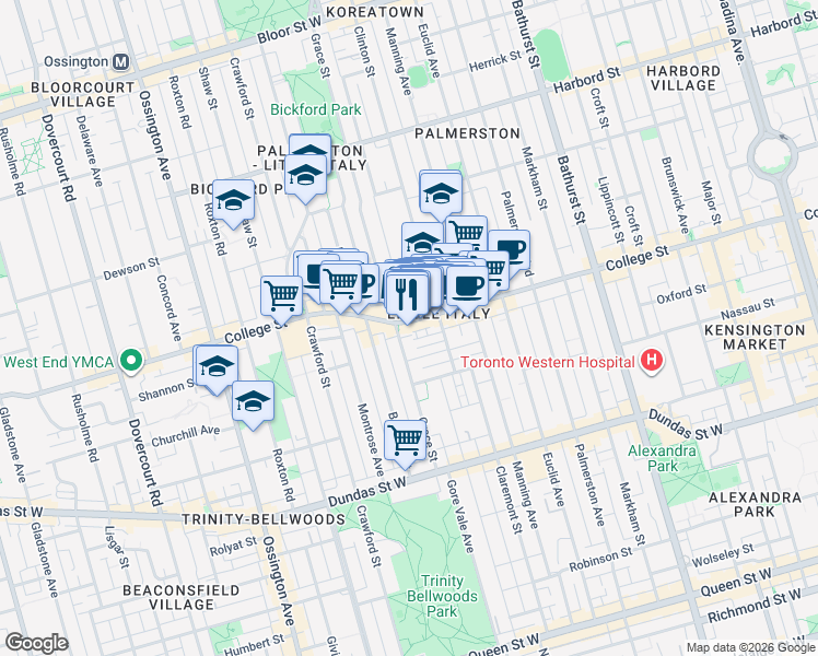 map of restaurants, bars, coffee shops, grocery stores, and more near 633 College Street in Toronto