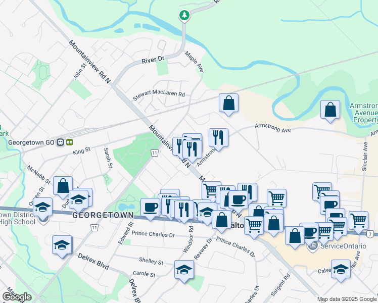 map of restaurants, bars, coffee shops, grocery stores, and more near 79 Mountainview Road North in Halton Hills