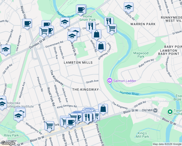 map of restaurants, bars, coffee shops, grocery stores, and more near 10 Queen Marys Drive in Toronto