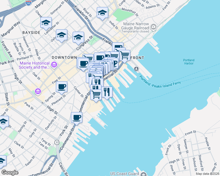 map of restaurants, bars, coffee shops, grocery stores, and more near 184 Commercial Street in Portland