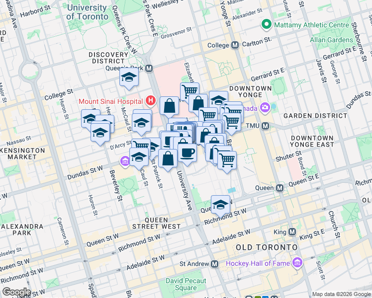 map of restaurants, bars, coffee shops, grocery stores, and more near 201 Dundas Street West in Toronto