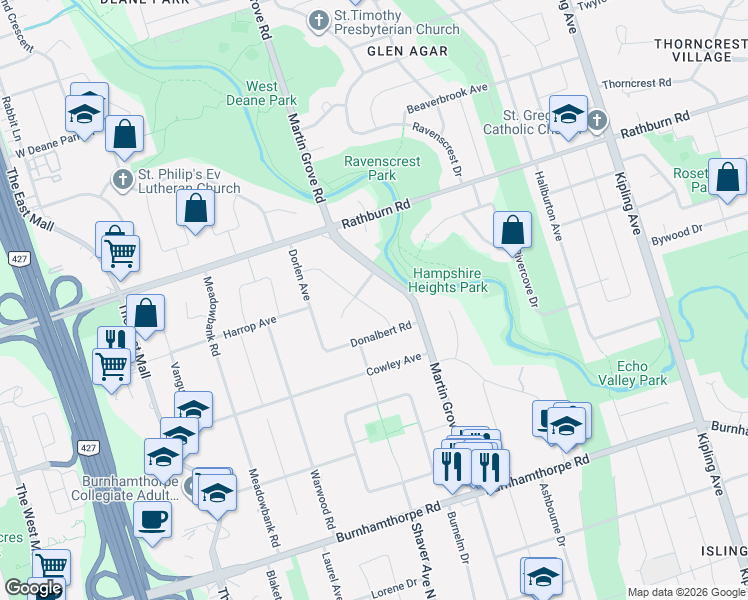 map of restaurants, bars, coffee shops, grocery stores, and more near 17 Agar Crescent in Toronto