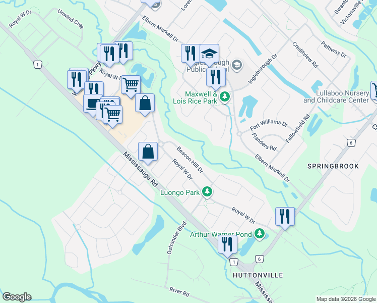 map of restaurants, bars, coffee shops, grocery stores, and more near 32 Beacon Hill Drive in Brampton