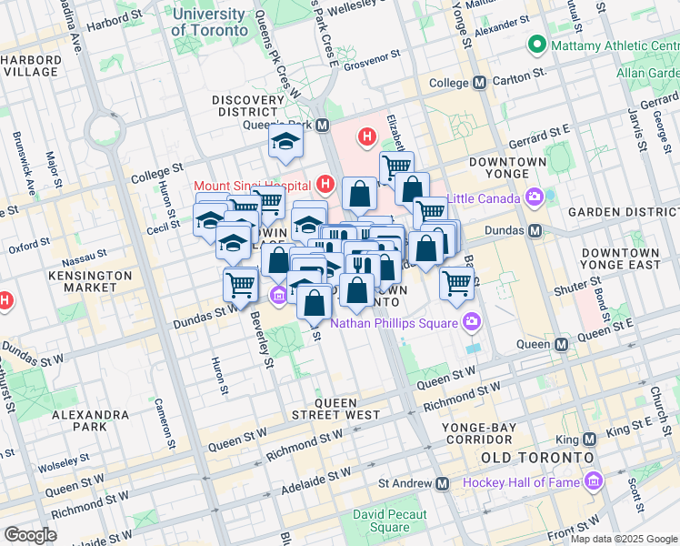 map of restaurants, bars, coffee shops, grocery stores, and more near 250 Dundas Street West in Toronto